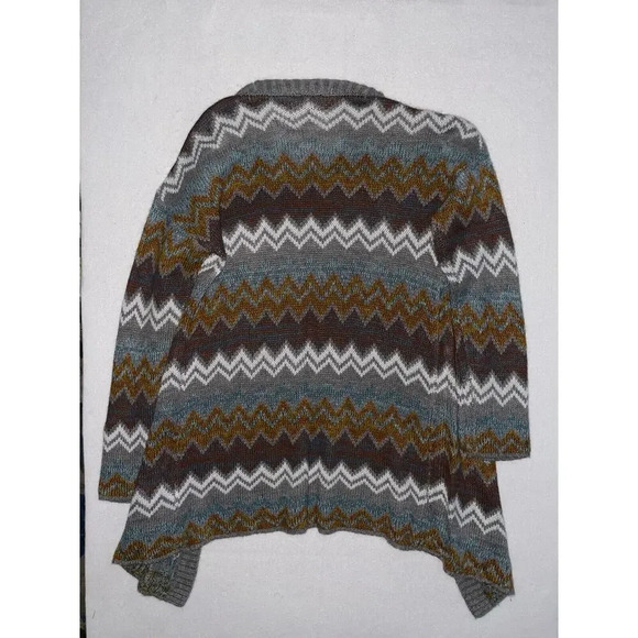Hem and Thread Chevron Stripe Weave Cardigan Gray Brown White Blue Sweater Sz S - Picture 3 of 3